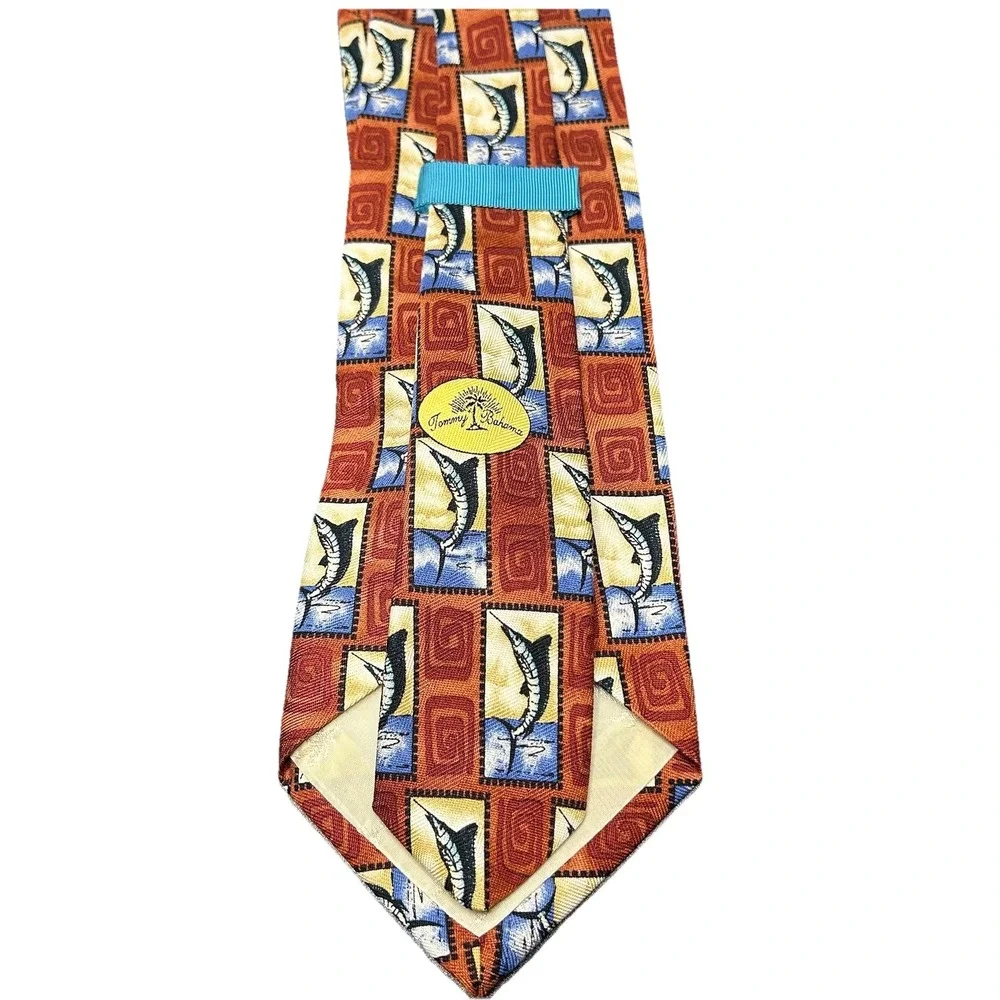 Vintage Tommy Bahama Marlin Postage Stamp Silk Necktie Handmade USA Red Wide Tie